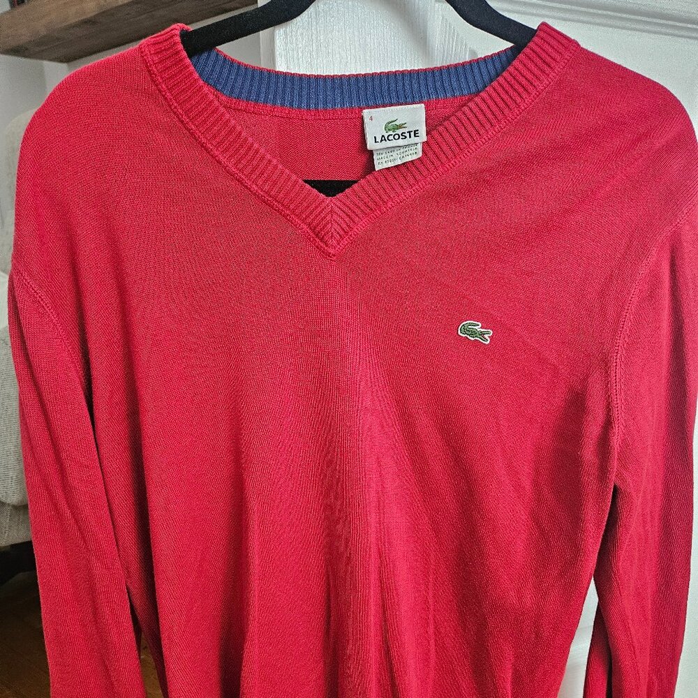 Lacoste Men's Sweater Size 4 Red V-Neck 100% Cotton Long Sleeve Pullover